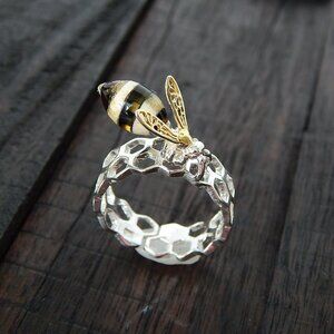 Natural Baltic Amber Bee and Honeycomb 14K Gold Plated Adjustable Ring